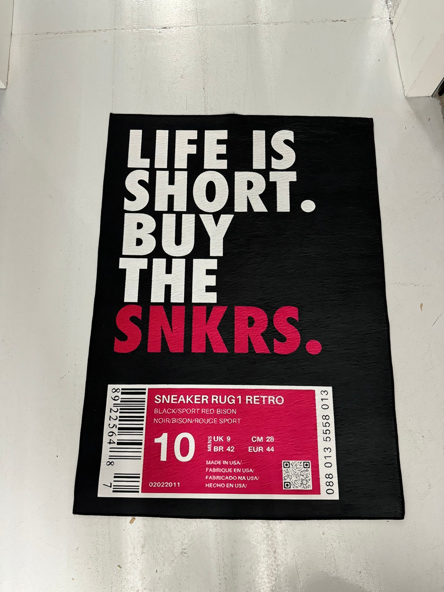 Life Is Short Buy the SNKRS, Black and Red, Custom Rug, Front View, Product Up Close