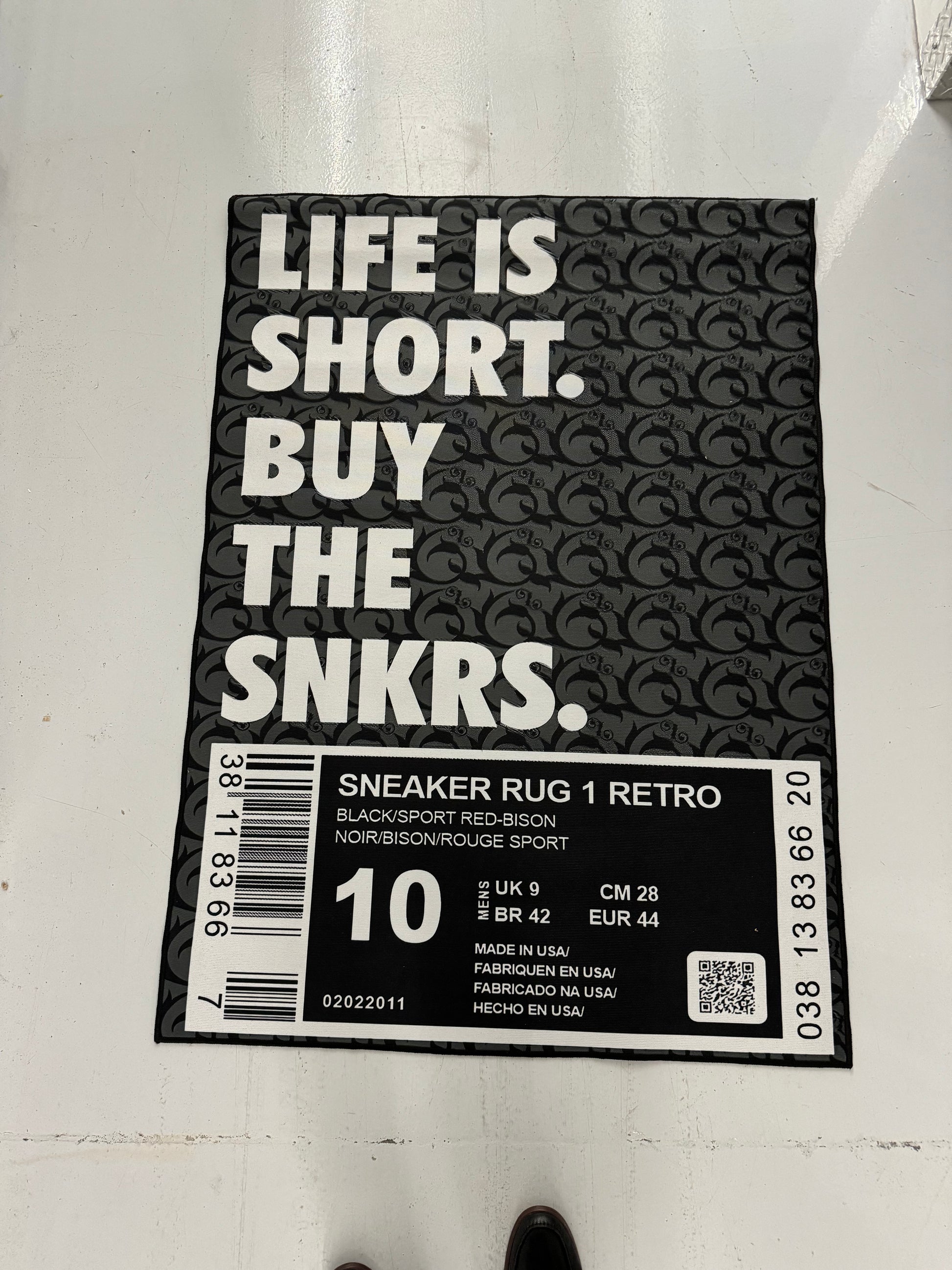 Printed Life Is Short Buy the SNKRS, Black and White, Custom Rug, Front View