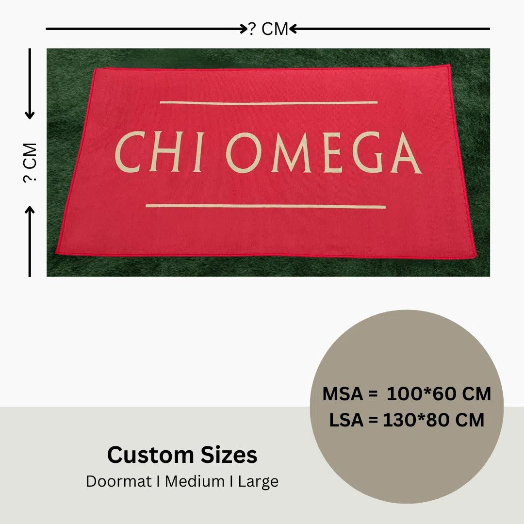 Chi Omega Custom Greek Life Rug – Red with Yellow Letters - Custom Rug | Sirenicate Rugs