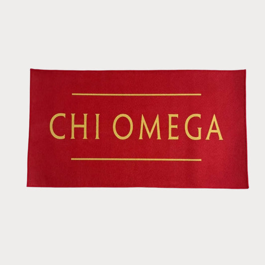 Chi Omega Custom Greek Life Rug – Red with Yellow Letters - Custom Rug | Sirenicate Rugs