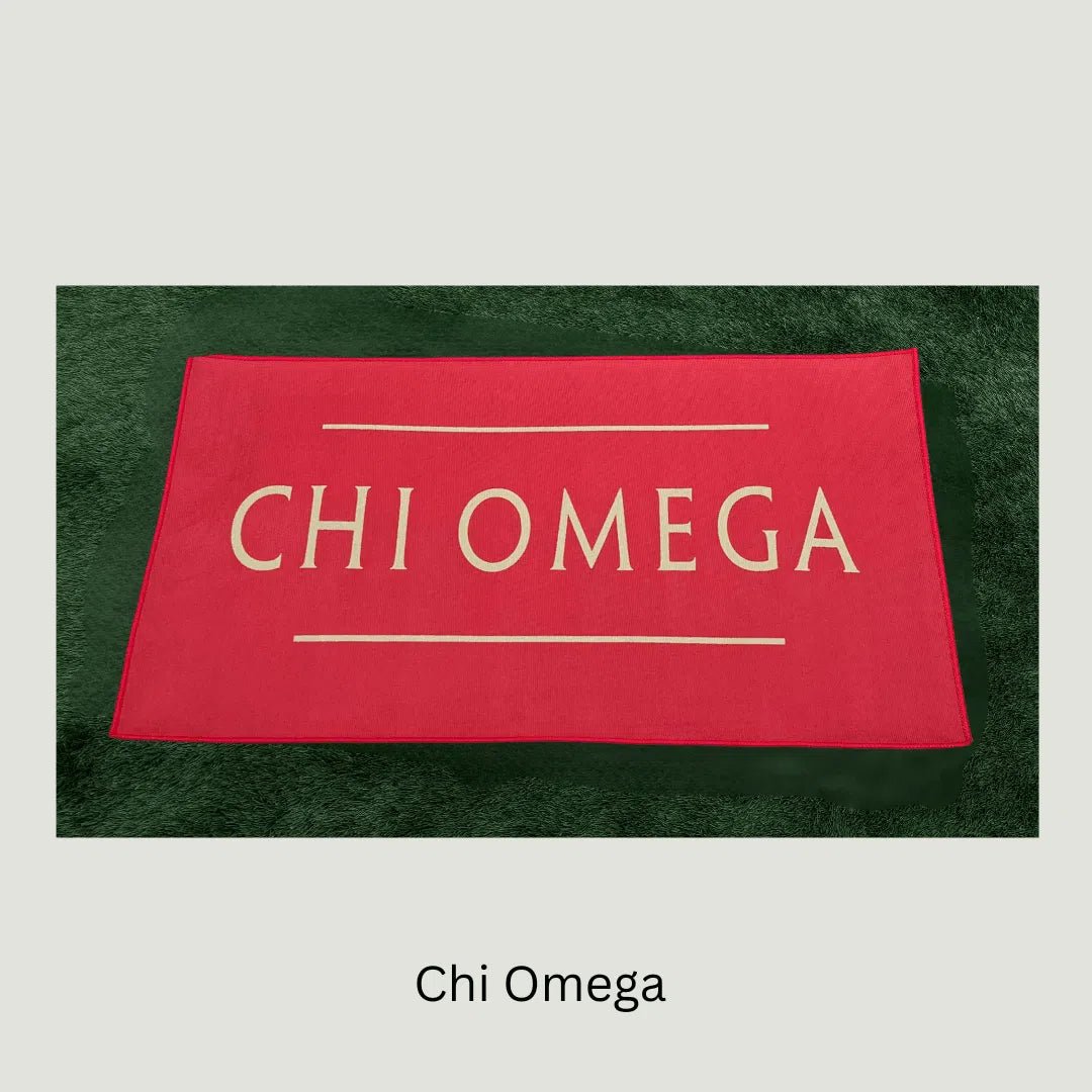 Chi Omega Custom Greek Life Rug – Red with Yellow Letters - Custom Rug | Sirenicate Rugs